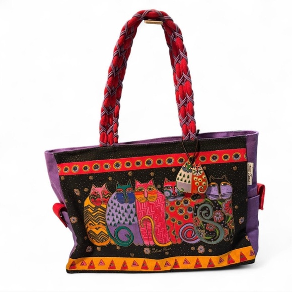 Laurel Burch Handbags - VTG Laurel Burch Colorful Cats Tote Bag Braided Strap Zip Canvas Purse Art Print